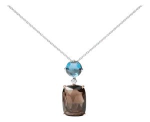 18K Rose and White Gold Diamond Accent and London Blue Topaz and Cushion Cut Smoky Quartz Gemstone Dangle Drop 18" Pendant Necklace