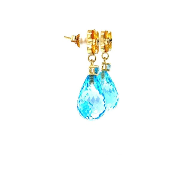 Contemporary 26.73 Carat Blue Topaz Yellow Sapphire Yellow Gold Drop Earrings - 2 Pieces For Sale - Image 3 of 7