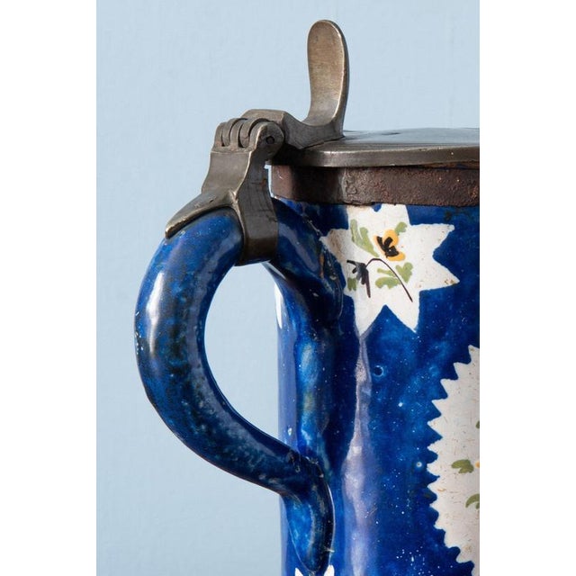 Antique Blue Floral Pewter-Mounted Beer Stein from Brussels Faience, 1800s For Sale - Image 9 of 12