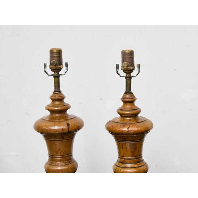 Mid 20th Century Mid Century Modern English Turned Pine Table Lamps with Plinth Bases - a Pair For Sale In Atlanta - Image 6 of 12