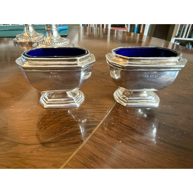 Silver 1930s Pair of Large English Sterling Silver Salt Cellars Cobalt Liners Birmingham 1932-3 For Sale - Image 8 of 10