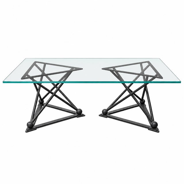 Design Plus Gallery presents a Dual Iron Pedestal Base Glass Dining Table by Formations. The table is composed of a thick...