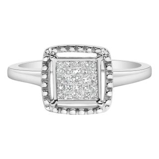 .925 Sterling Silver 1/5 Cttw Invisible Set Princess Cut Diamond Promise Ring with Beaded Halo (H-I Color, I1-I2 Clarity) - Ring - Size 7 For Sale