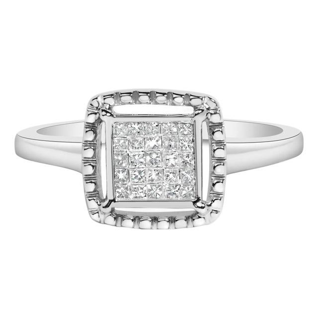 .925 Sterling Silver 1/5 Cttw Invisible Set Princess Cut Diamond Promise Ring with Beaded Halo (H-I Color, I1-I2 Clarity) - Ring - Size 7 For Sale