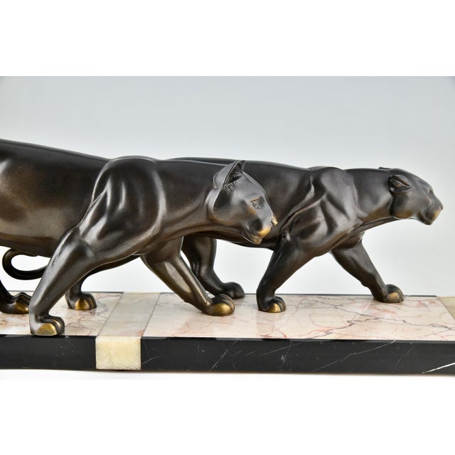 Beige M. Leducq, Panthers, 1930, Metal on Marble Base For Sale - Image 8 of 9