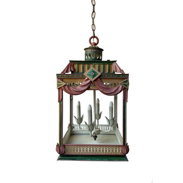 Metal Vintage French Regency Style Tole Peinte Lantern Chandelier For Sale - Image 7 of 10