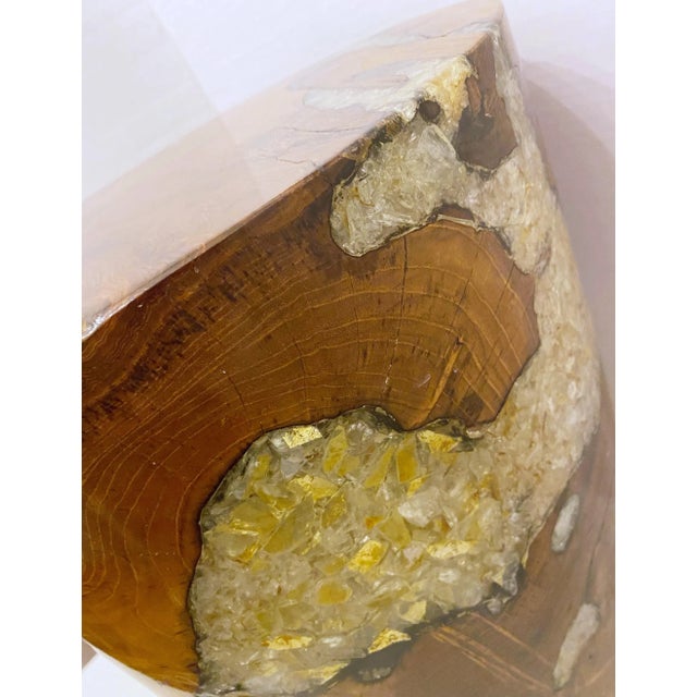 Amber 1990s Vintage Crushed Amber Glass and Resin Teak Wood Stool For Sale - Image 8 of 9