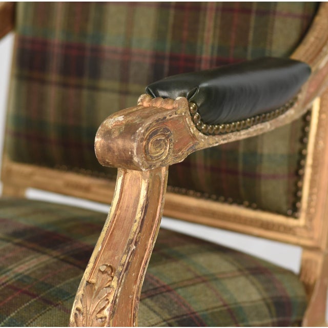 Rustic European Antique Louis XVI Armchair | 19th Century Gilt Frame | Ralph Lauren Plaid & Leather | Deaccessioned by Thomas Jefferson Foundation For Sale - Image 3 of 12