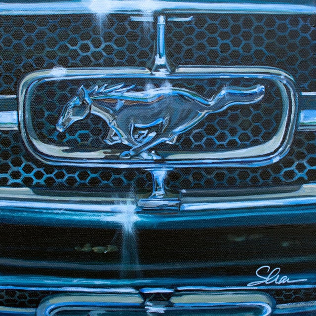 1965 Ford Mustang Grill - Dynasty Green by Shan Fannin | Acrylic on cotton canvas Close-up of a Mustang grill For Sale