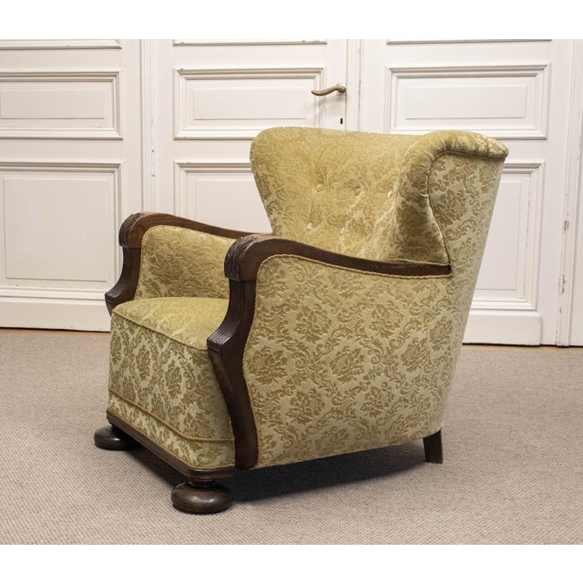 Vintage Swedish Wingback Chair with Golden Velvet and Carved Oak Armrests, 1920s For Sale - Image 10 of 12