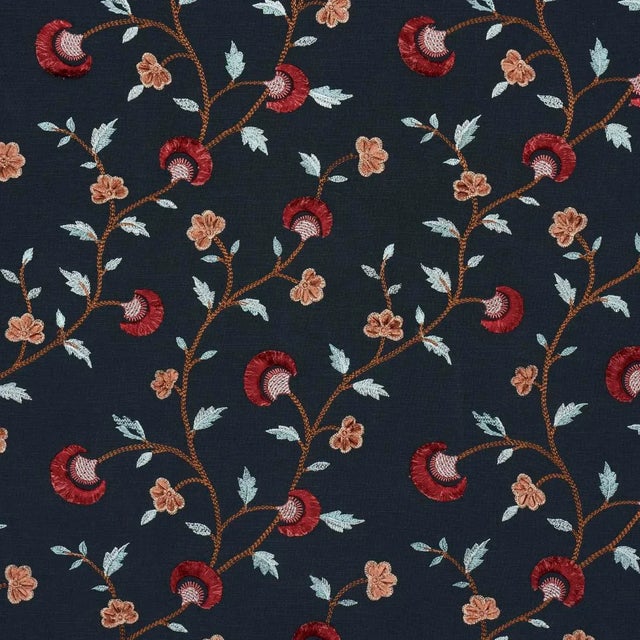 Schumacher Iyla Embroidery Fabric In Midnight & Rouge For Sale