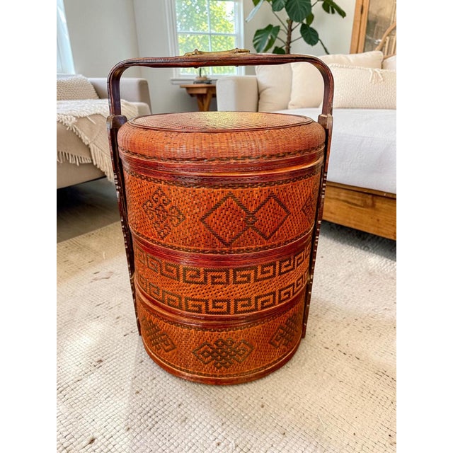 Brown Mid 20th Century Large Chinese Wedding Basket Tiered-Woven Bamboo Rattan-Lacquer-Chinoiserie-Boho For Sale - Image 8 of 11