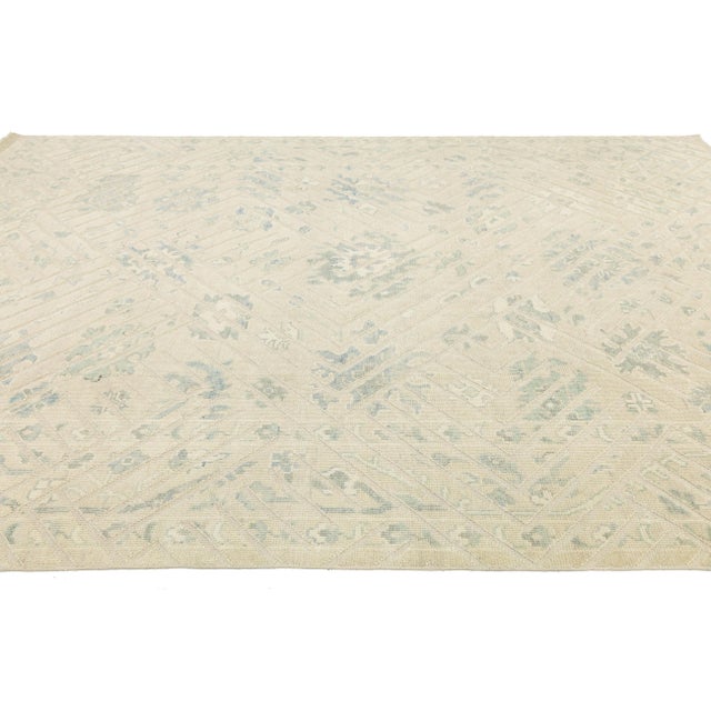 Modern Oushak Style Hand-Knotted Wool Rug - Ivory & Sage Geometric Design 9x13 For Sale In New York - Image 6 of 11