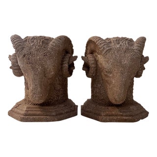 1980s Pair Ram Head Bookends Faux Stone For Sale
