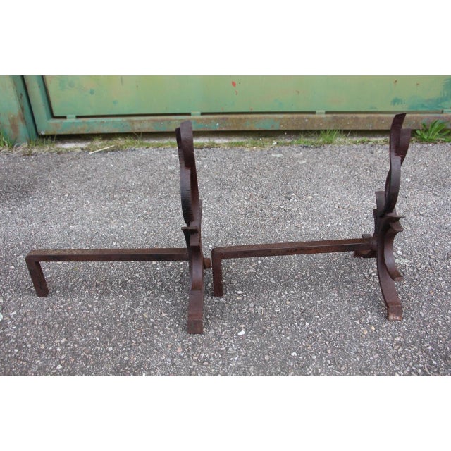 Flame Andirons attributed to Raymond Subes, 1930s, Set of 2 For Sale - Image 6 of 7