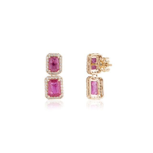 3.03 Carat Emerald Cut Ruby Diamond Double Drop Earrings in 14k Yellow Gold- A Pair For Sale - Image 4 of 13