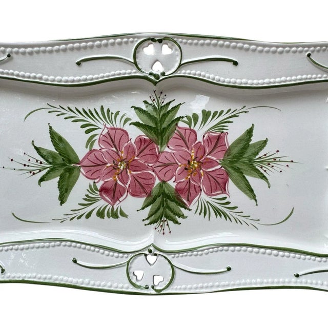 Mid 20th Century Vintage Majolica Poinsettia Serving Tray / Platter From Portugal For Sale - Image 5 of 11