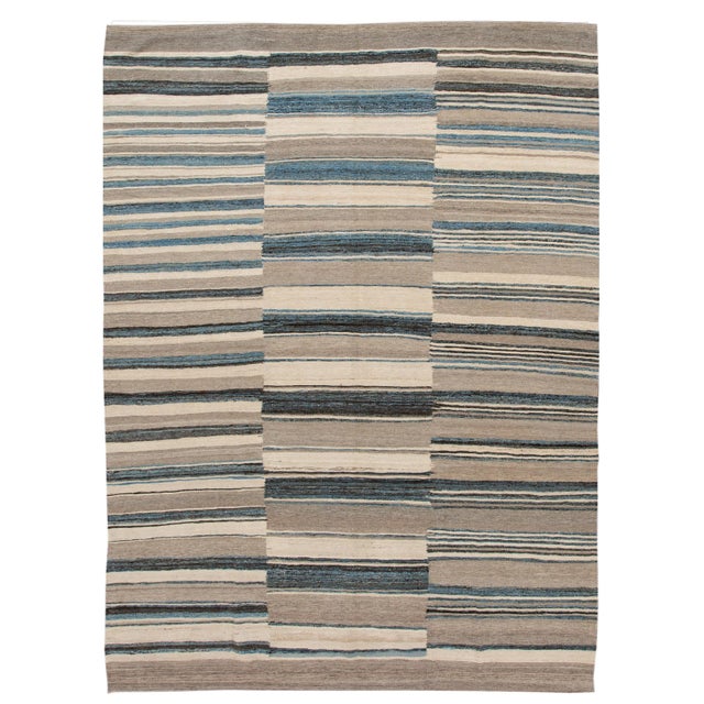 Modern Flat-Weave Kilim Wool Rug With Abstract Design in Beige and Blue For Sale - Image 10 of 10