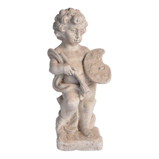 18th Century Limestone Cherub Figural Garden Sculpture Holding Brush and Artist Paint Palette For Sale