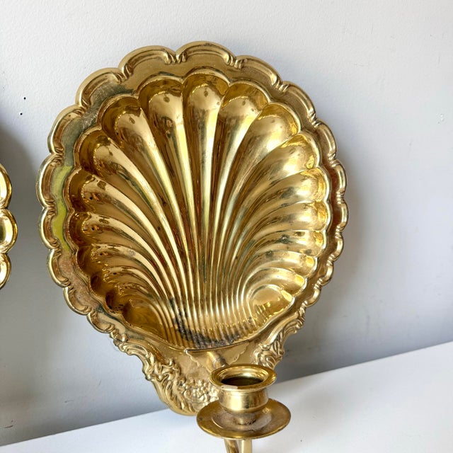 Hollywood Regency Mid 20th Century Brass Clamshell Candlestick Sconces For Sale - Image 3 of 7