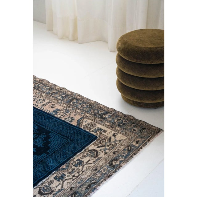 Vintage Hamadan scatter rug DIMENSIONS: 4' x 5'9" COLORS: Chocolate, tan, peach, slate, navy MATERIAL: Wool, cotton PILE:...