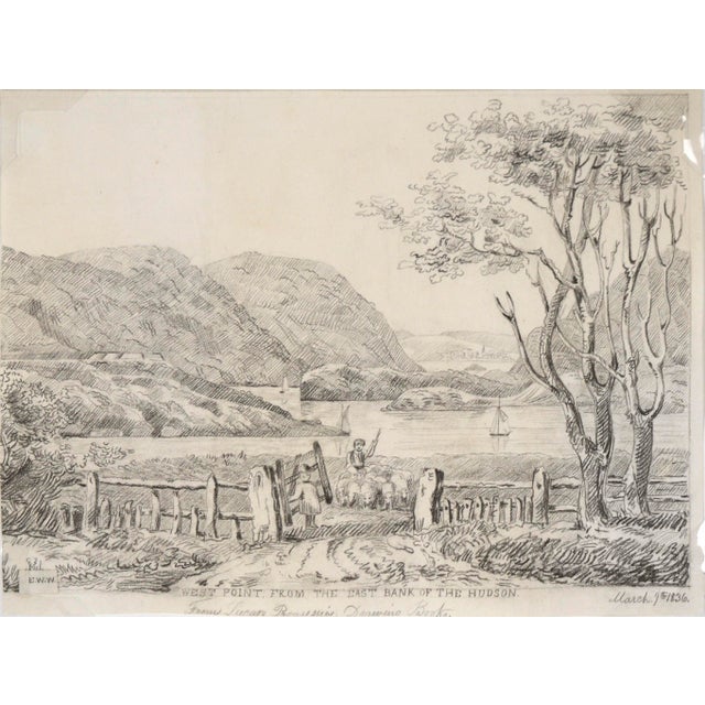 "West Point from the East Bank of the Hudson" Antique Drawing on Paper Delicate and detailed drawing by Hartford,...