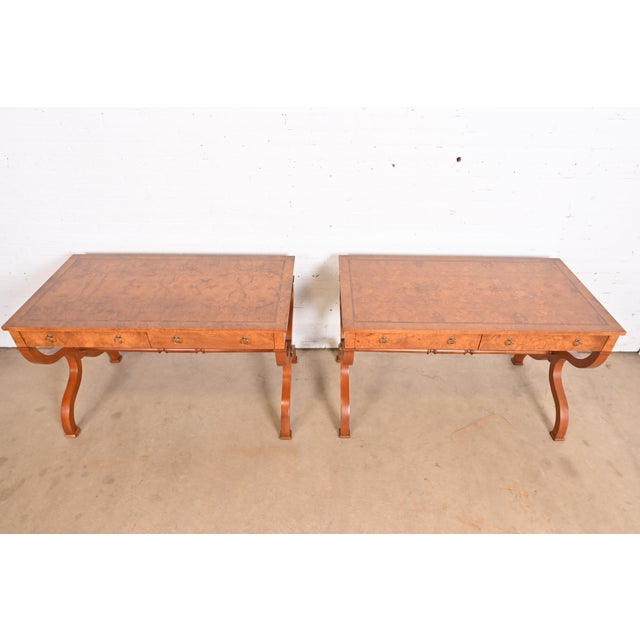 Baker Furniture Regency Burl Wood Writing Desks or Library Tables, Newly Refinished For Sale - Image 9 of 12