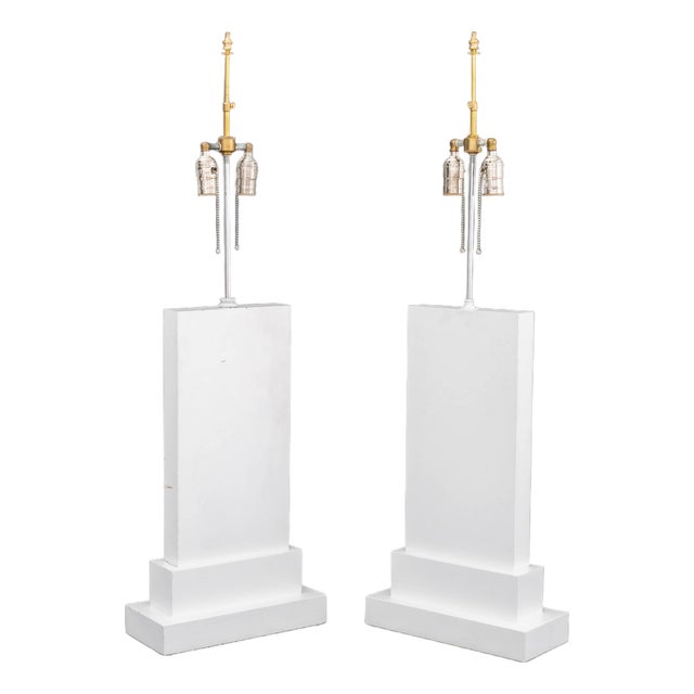 Minimalist White Painted Wood Table Lamps, Pair For Sale
