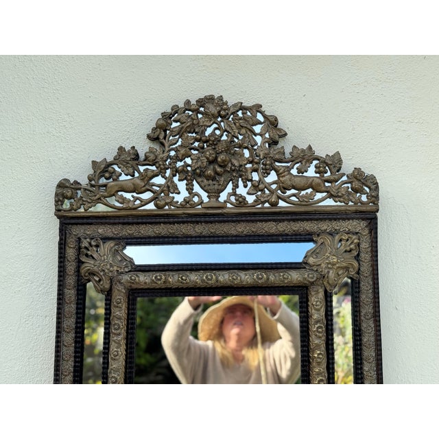 Brass Gorgeous Antique Mirror 19th Century Dutch Ebony and Brass Repousse Cushion For Sale - Image 8 of 10