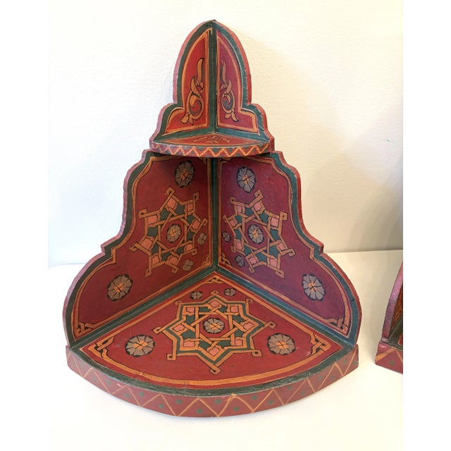 Red Vintage Painted Wood Moroccan Corner Wall Shelves- a Pair For Sale - Image 8 of 12