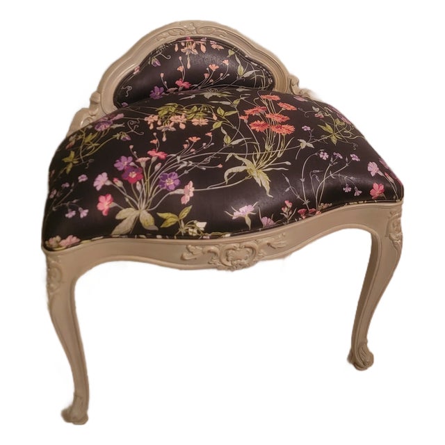 Vintage French Louis XV Style Black Floral Ornate Vanity Seat For Sale