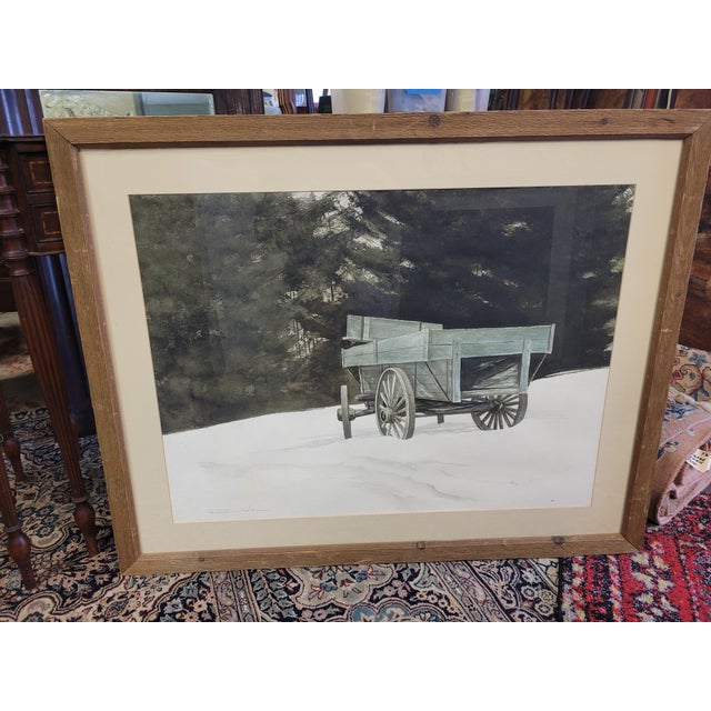 1980s Watercolor Painting Rustic Cart in the Snow For Sale - Image 5 of 8