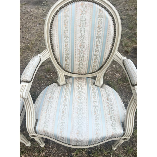French 19th Century Louis XVI Painted Walnut Arm Chairs - Set of 2 For Sale - Image 4 of 9