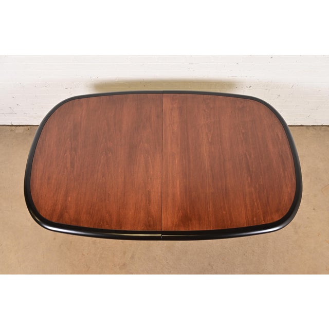 Drexel Heritage Modern Art Deco Walnut and Black Lacquered Double Pedestal Extension Dining Table, Newly Refinished For Sale - Image 10 of 14