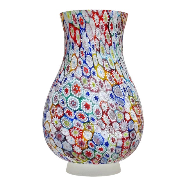 Murano Fratelli Toso Vintage Millefiori Flower Mosaic Rainbow Colors Italian Art Glass Footed Vase For Sale