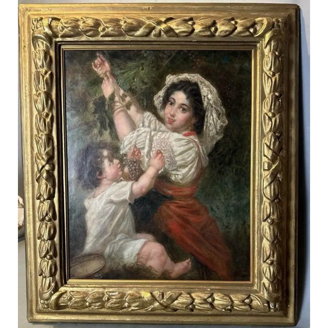 Antique Victorian French Continental Gilt Framed Genre Scene Oil Painting Mother & Child Picking Grapes For Sale - Image 9 of 9