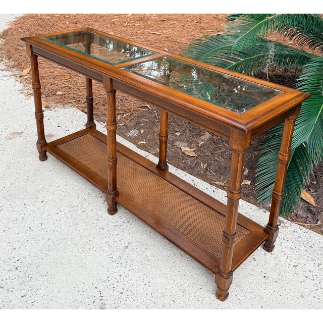 1970s Walnut Two Tier Glass Top Console Table With Faux Caning Shelf For Sale - Image 4 of 12