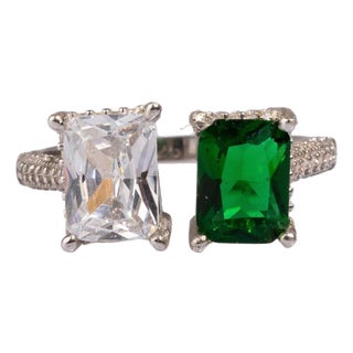 Emerald & Diamond Design Sterling Silver Statement Ring, Size 5 For Sale