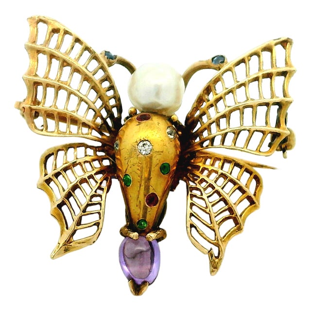 Vintage Italian 18k Gold Gemset Figural Bee Brooch With Pearl For Sale