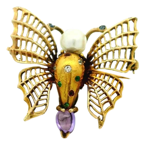 Vintage Italian 18k Gold Gemset Figural Bee Brooch With Pearl