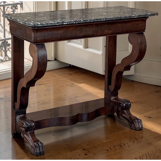 19th Century French Louis Philippe Period Mahogany Marble Top Console is a rarity in all original condition! The sumptuous...