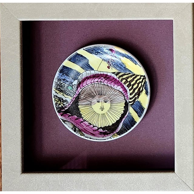 1960s Piero Fornasetti “12 Mesi, 12 Soli” Porcelain Coaster, August, Sun in a Seashell, Framed For Sale - Image 5 of 5