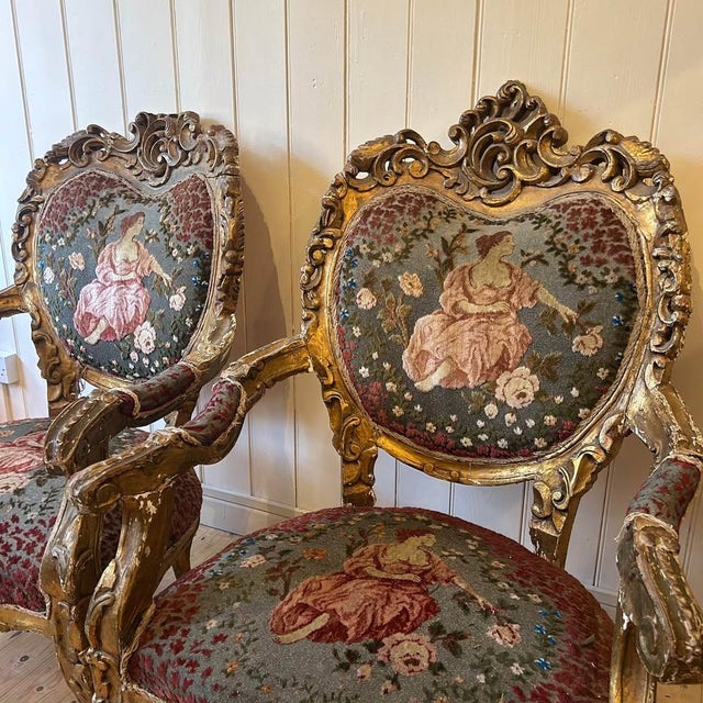 Antique Louis XV Style Gilt Wood Throne Chairs with Floral and Maid Tapestry Seats, 1890s, Set of 2 For Sale - Image 9 of 11