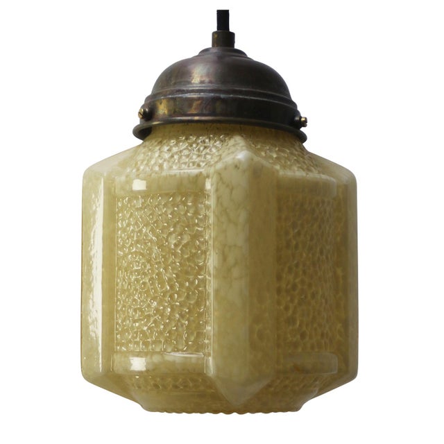 French Art Deco Yellow Reeded Clichy Glass Pendant Lamp For Sale - Image 6 of 6