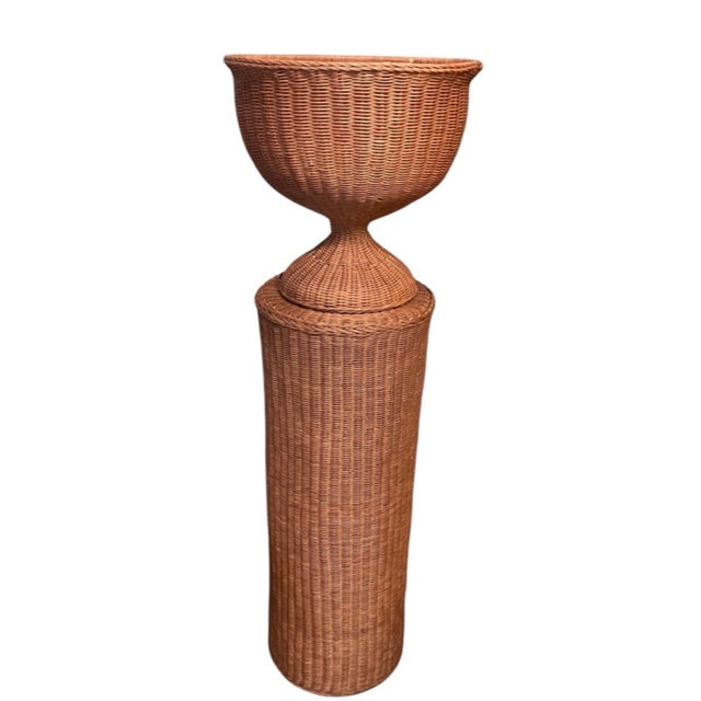 Boho Chic Vintage Mid-Century Woven Wicker Pedestal Urn Planter | Boho Chic Rattan Floor Stand For Sale - Image 3 of 12