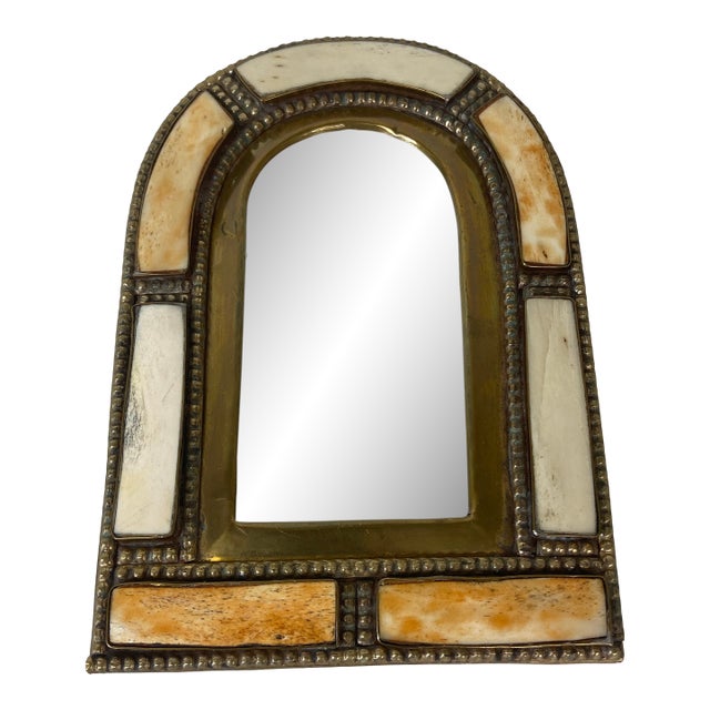 Mid 20th Century Moroccan Brass & Bone Inlay Small Wall Mirror For Sale