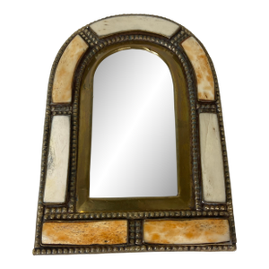 Mid 20th Century Moroccan Brass & Bone Inlay Small Wall Mirror