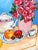 Colorful signed floral still life painted by Marilyn A. Juckett and dated 1993, depicting red flowers, fruit, teacup and...