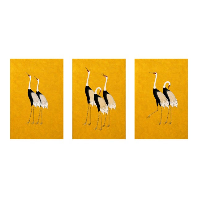 Japanese Cranes Triptych, Gold Crane Wall Art Set of 3, 16" X 24" For Sale