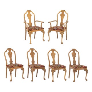 William and Mary Style Needlepoint Upholstered Walnut Dining Chairs, 6 For Sale